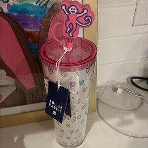 Roller Rabbit Pastel Heart Acrylic Tumbler with Pink Monkey Straw